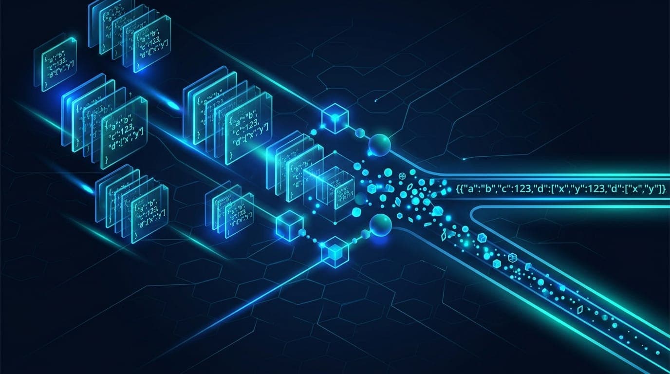 Abstract isometric illustration of JSON data blocks being compressed into smaller glowing packets flowing through a dark digital grid.