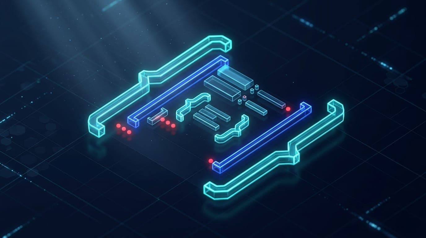 Floating neon JSON curly braces and bracket symbols in a dark digital space with red error marker highlights and blue volumetric lighting.