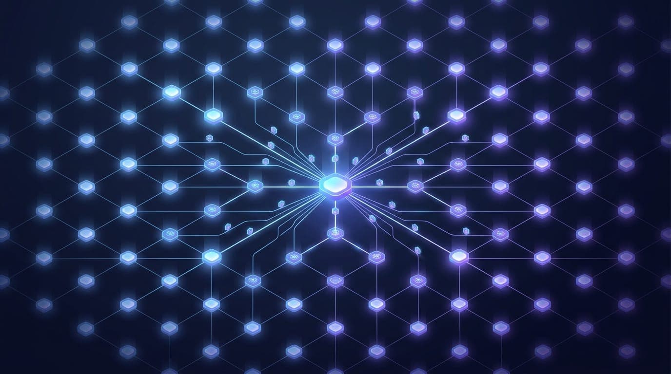 Isometric illustration of interconnected glowing nodes forming a distributed network with hexagonal identifier tokens radiating outward on a dark background
