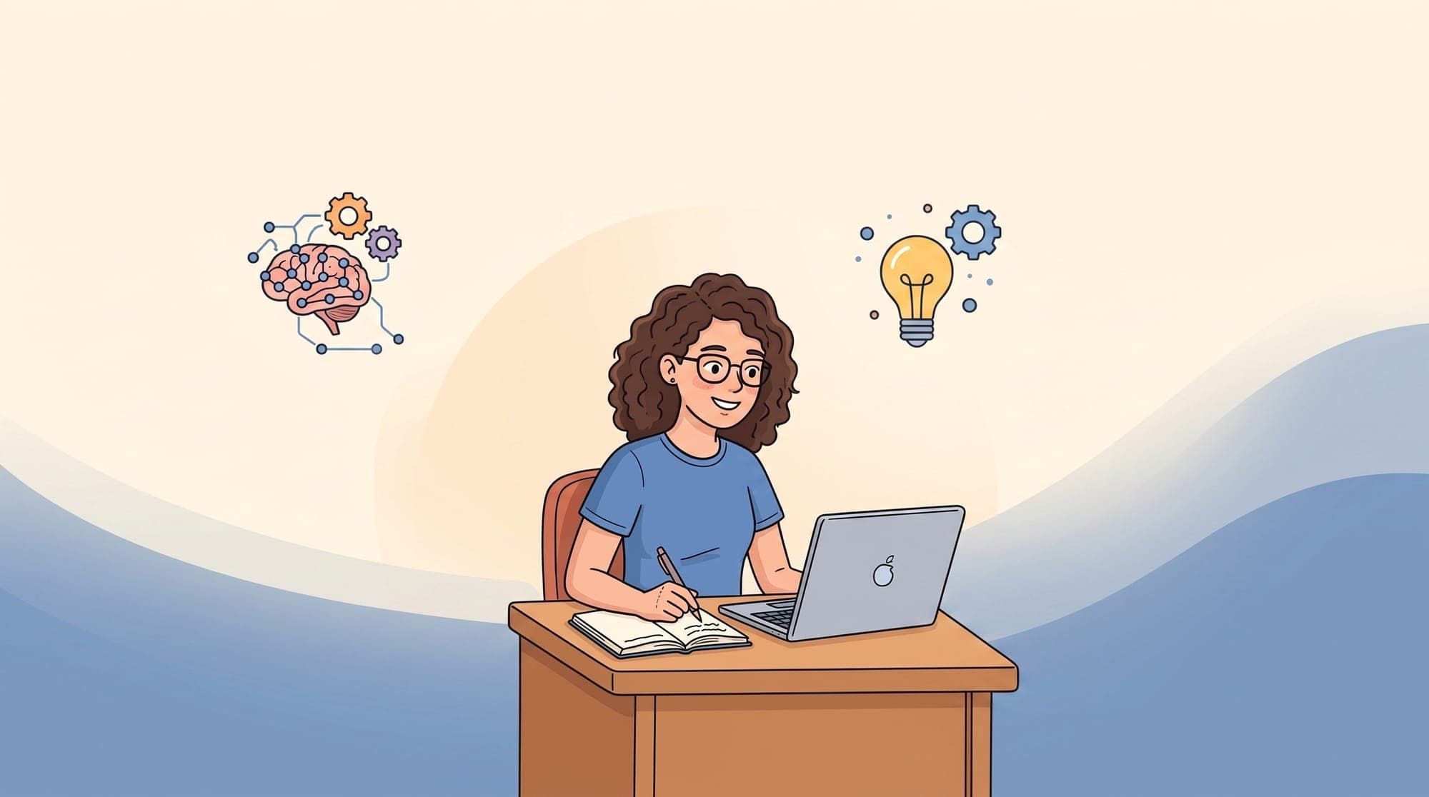 Person learning about AI beside a computer with data icons and gears
