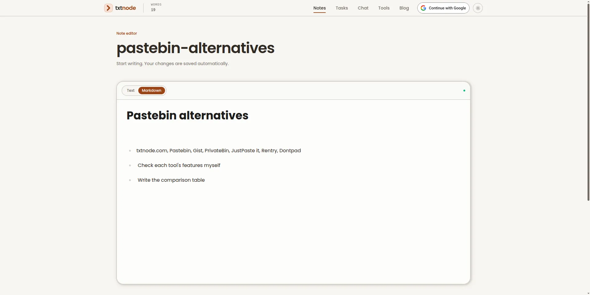 A public txtnode note at the address pastebin-alternatives, with a short bulleted list typed into the Markdown editor