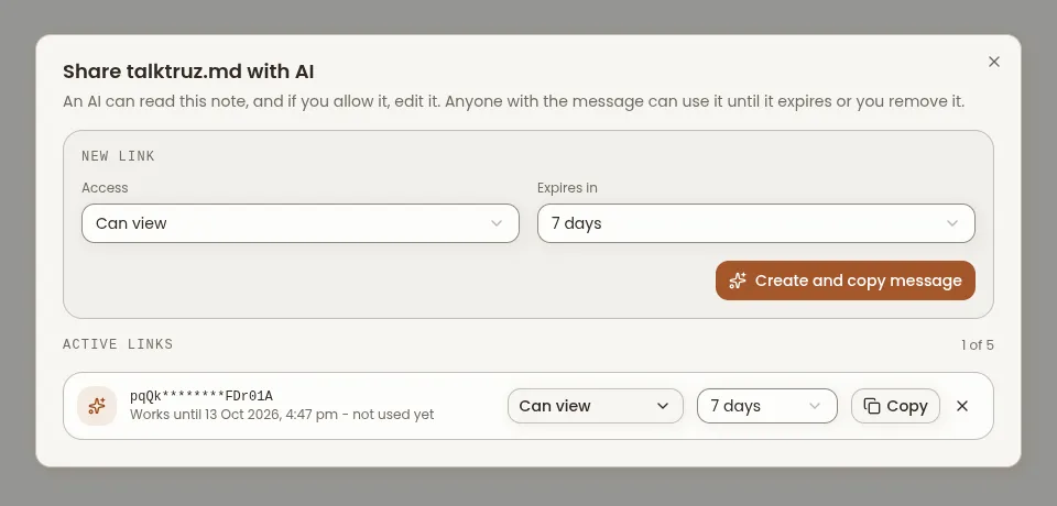 The Share with AI dialog in txtnode, with an access menu, an expiry menu and one active link in the list